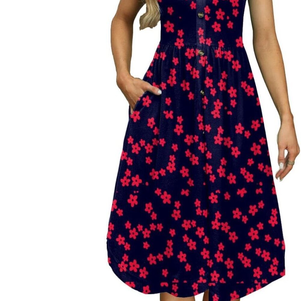 Women's Sleeveless Summer Dress V-Neck Flowy Midi Casual with Pockets